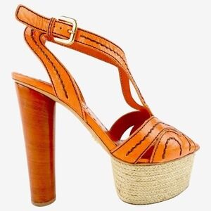 Prada Leather Sandals Women's Size 39.5 US 9.5 Orange Wooden Round Heel
